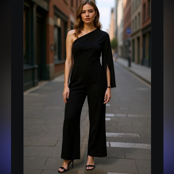 Banana Republic Black Elegant Crepe Flare Sleeve Asymmetrical Neckline Jumpsuit - Picture 1 of 6